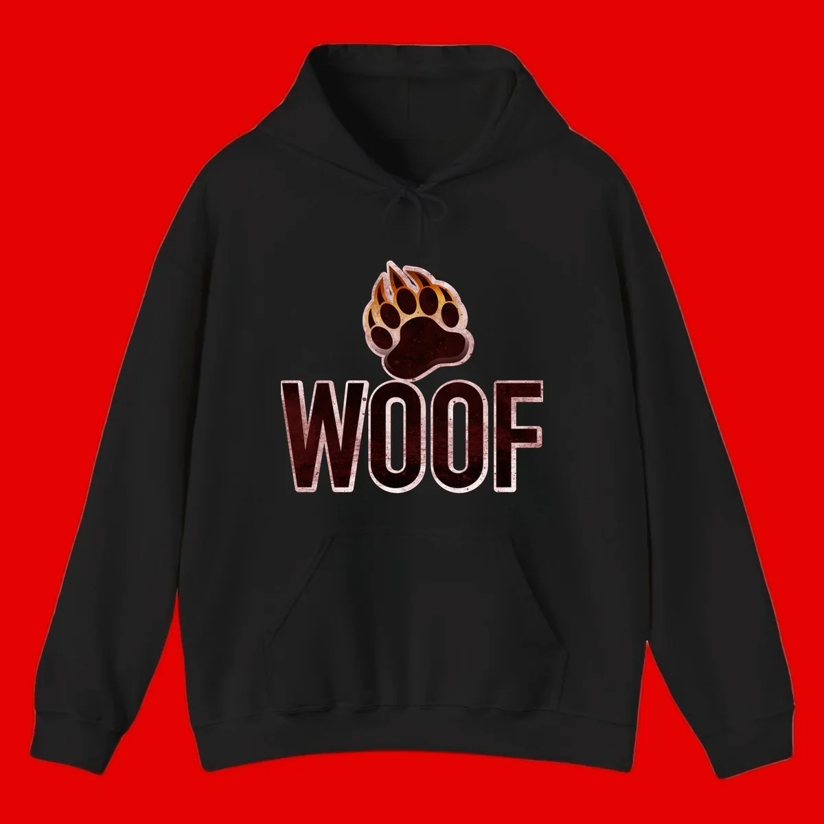 Woof paw print fire design: large paw with orange and gold flame claws above distressed 'WOOF' text
