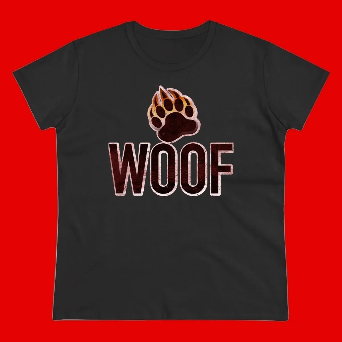 Woof paw print fire design: large paw with orange and gold flame claws above distressed 'WOOF' text
