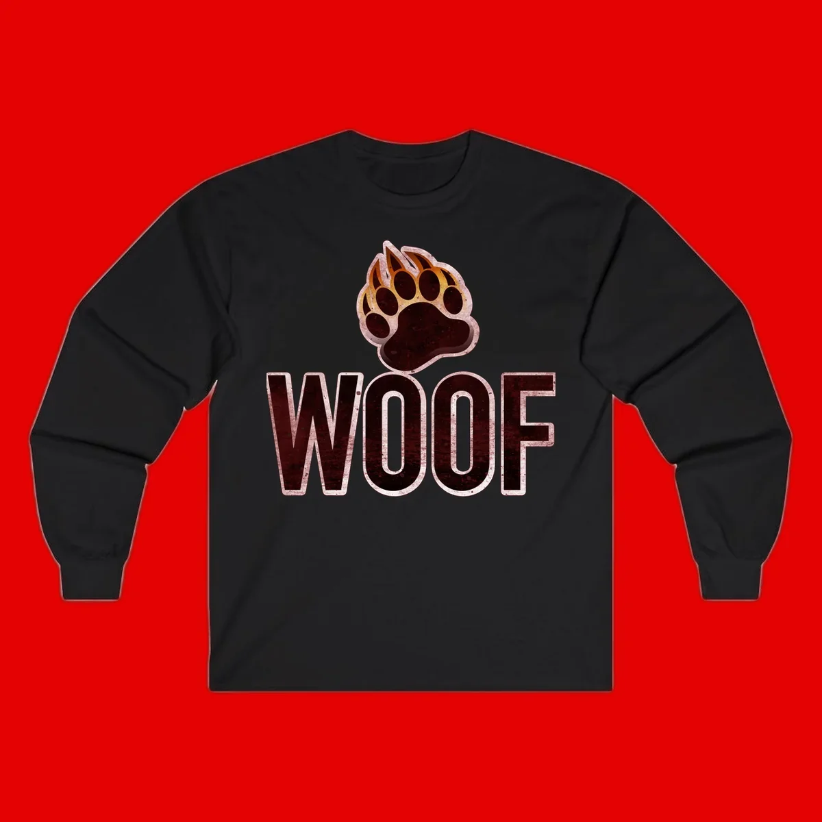 Woof paw print fire design: large paw with orange and gold flame claws above distressed 'WOOF' text