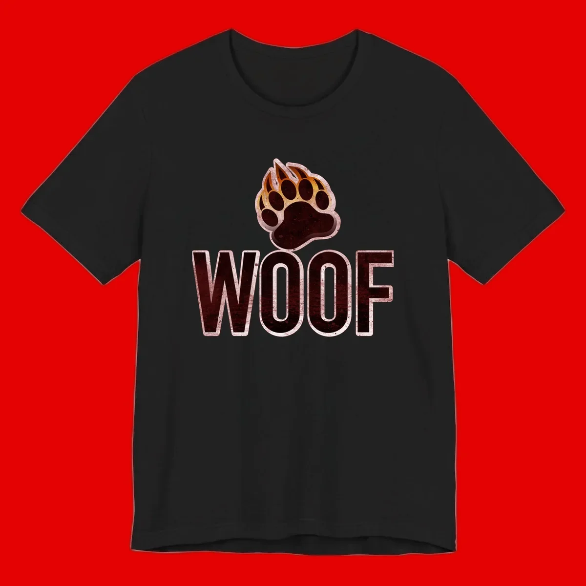 Woof paw print fire design: large paw with orange and gold flame claws above distressed 'WOOF' text