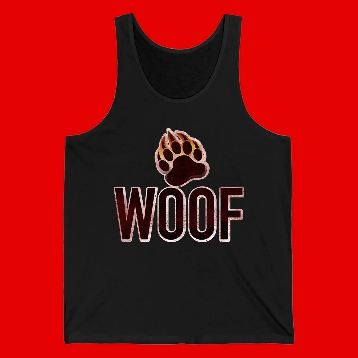 Woof paw print fire design: large paw with orange and gold flame claws above distressed 'WOOF' text