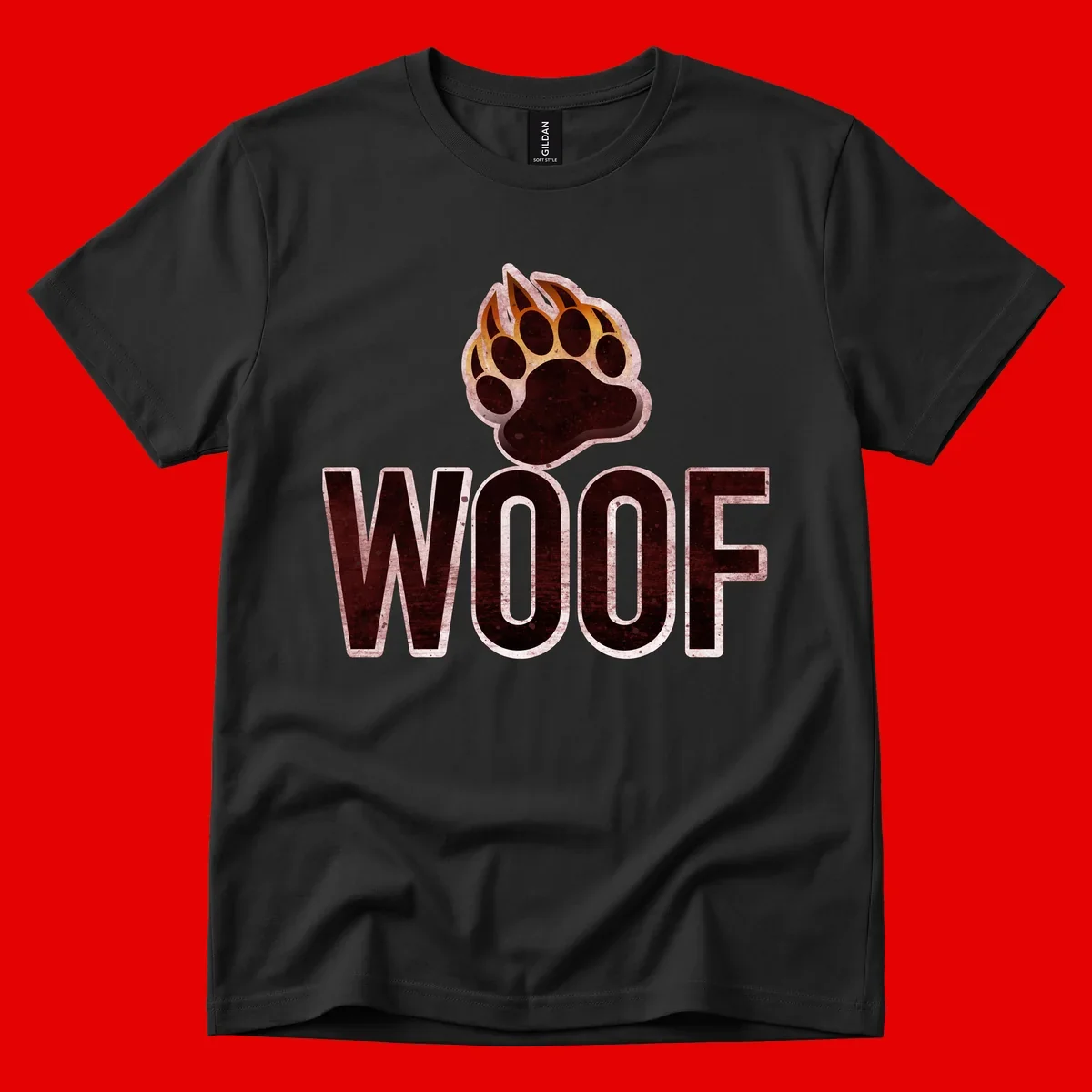 Woof paw print fire design: large paw with orange and gold flame claws above distressed 'WOOF' text