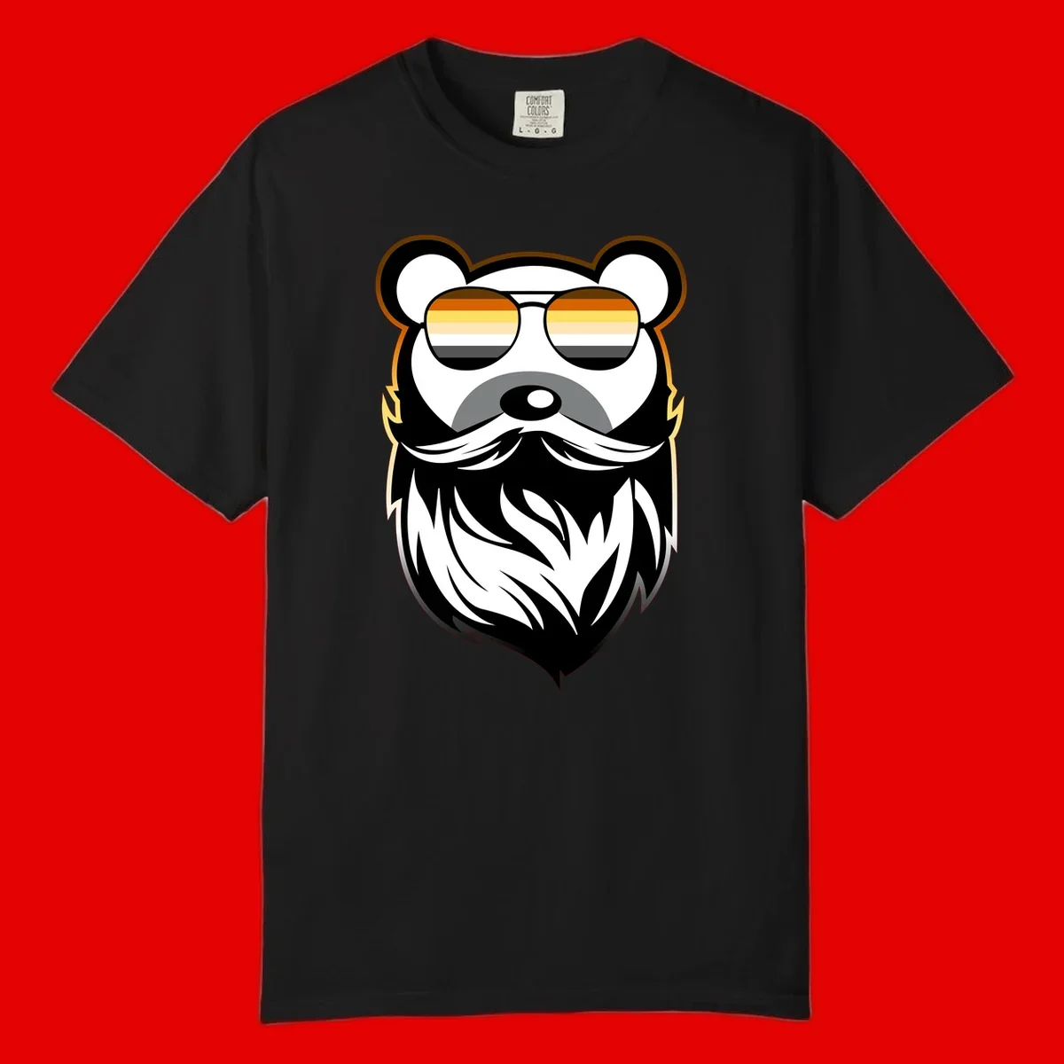 Bear pride sunglasses illustration: a bearded bear character wearing oversized shades filled with pride flag rainbow stripes