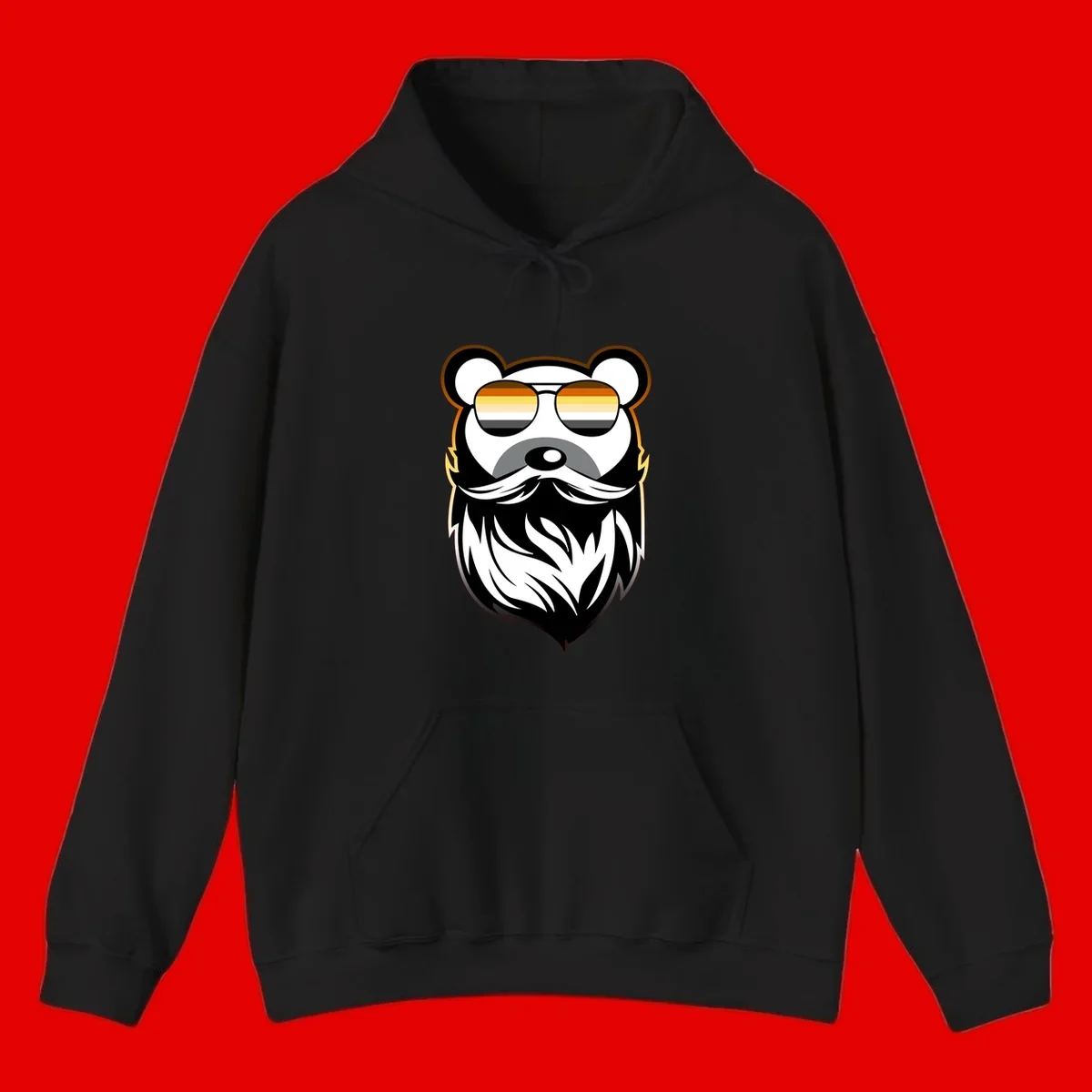 Bear pride sunglasses illustration: a bearded bear character wearing oversized shades filled with pride flag rainbow stripes
