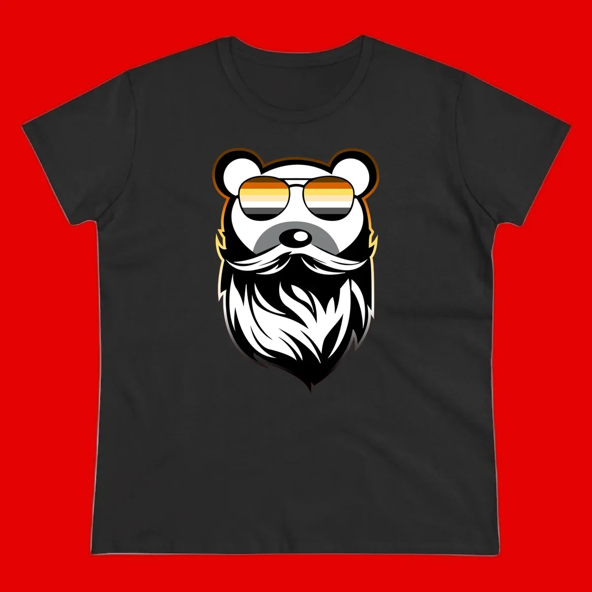 Bear pride sunglasses illustration: a bearded bear character wearing oversized shades filled with pride flag rainbow stripes