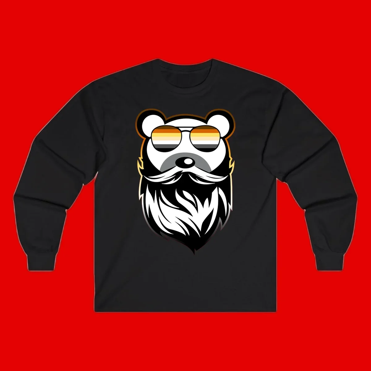 Bear pride sunglasses illustration: a bearded bear character wearing oversized shades filled with pride flag rainbow stripes
