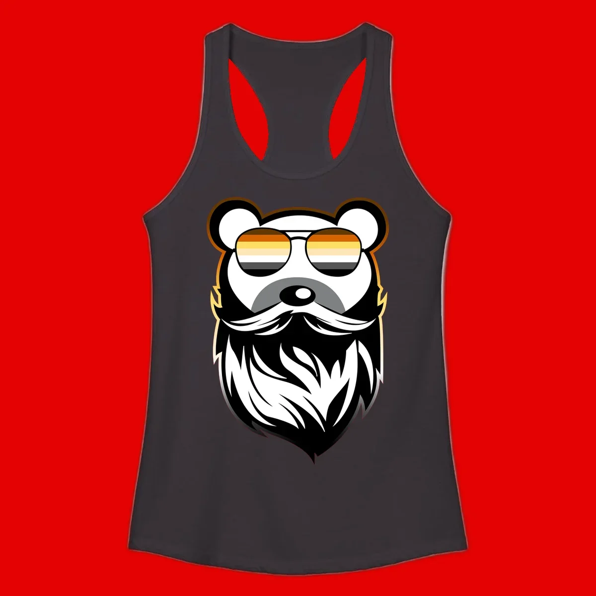 Bear pride sunglasses illustration: a bearded bear character wearing oversized shades filled with pride flag rainbow stripes