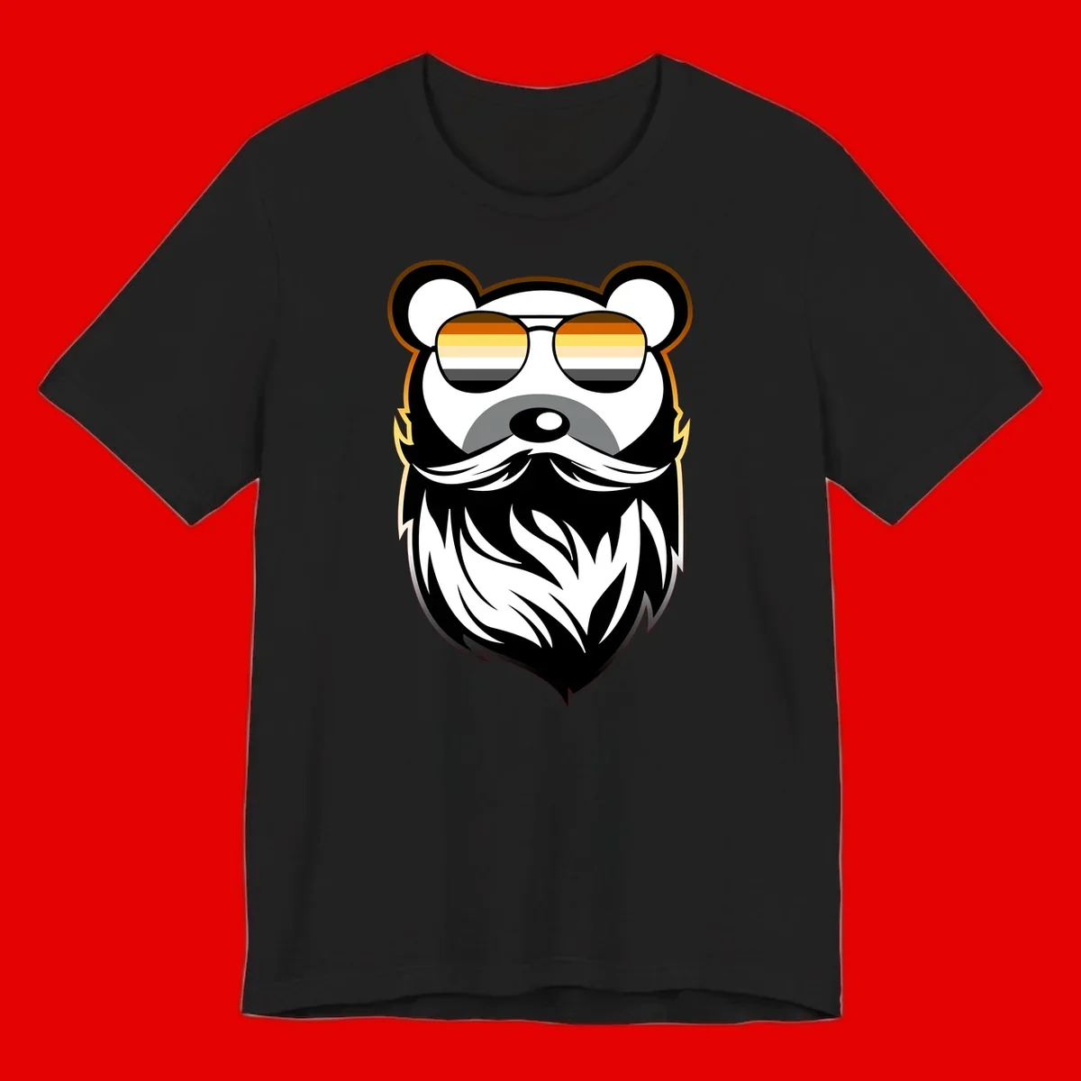 Bear pride sunglasses illustration: a bearded bear character wearing oversized shades filled with pride flag rainbow stripes