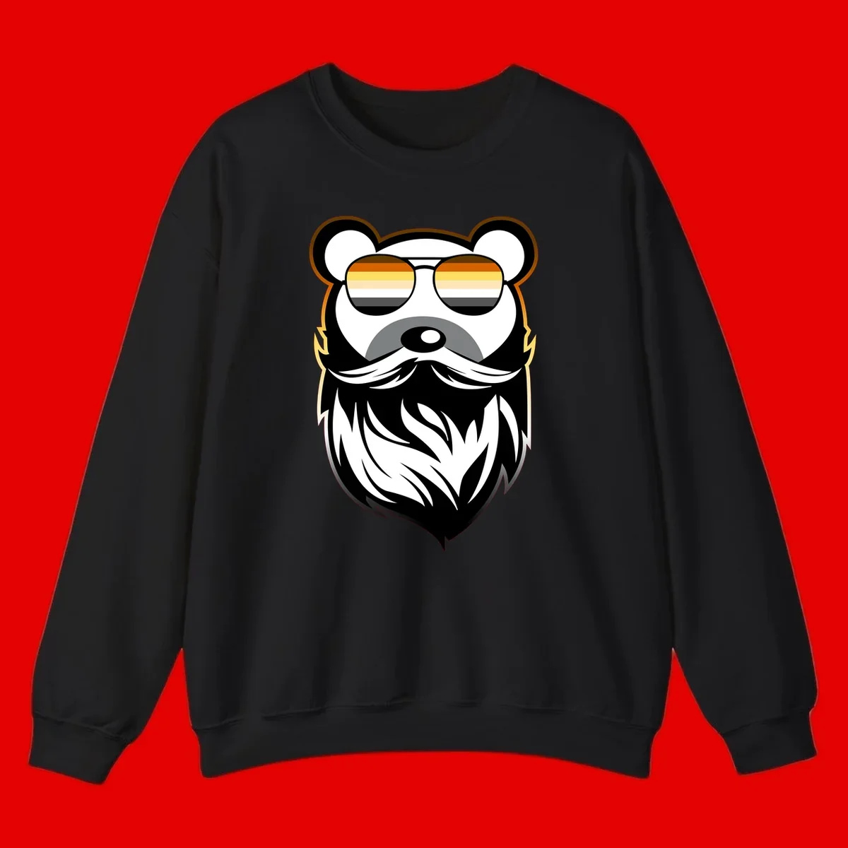 Bear pride sunglasses illustration: a bearded bear character wearing oversized shades filled with pride flag rainbow stripes