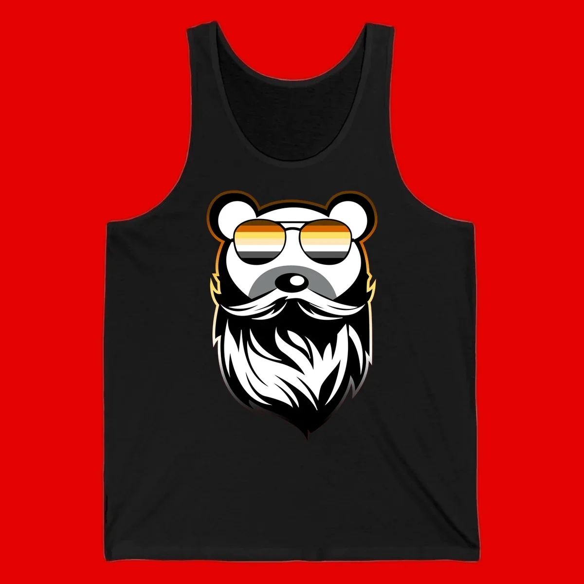 Bear pride sunglasses illustration: a bearded bear character wearing oversized shades filled with pride flag rainbow stripes