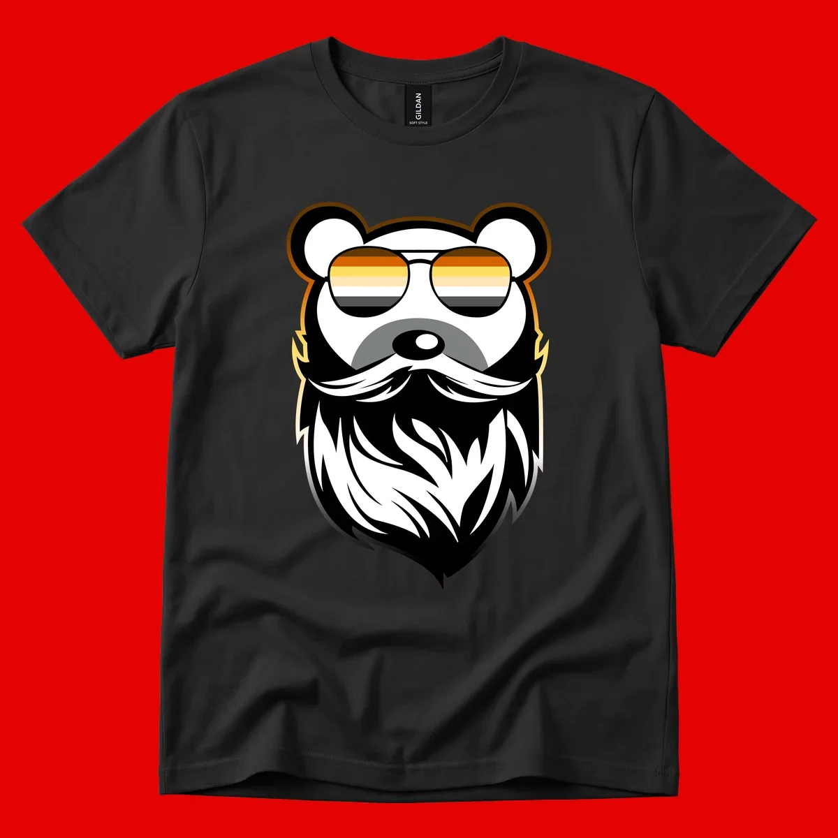 Bear pride sunglasses illustration: a bearded bear character wearing oversized shades filled with pride flag rainbow stripes