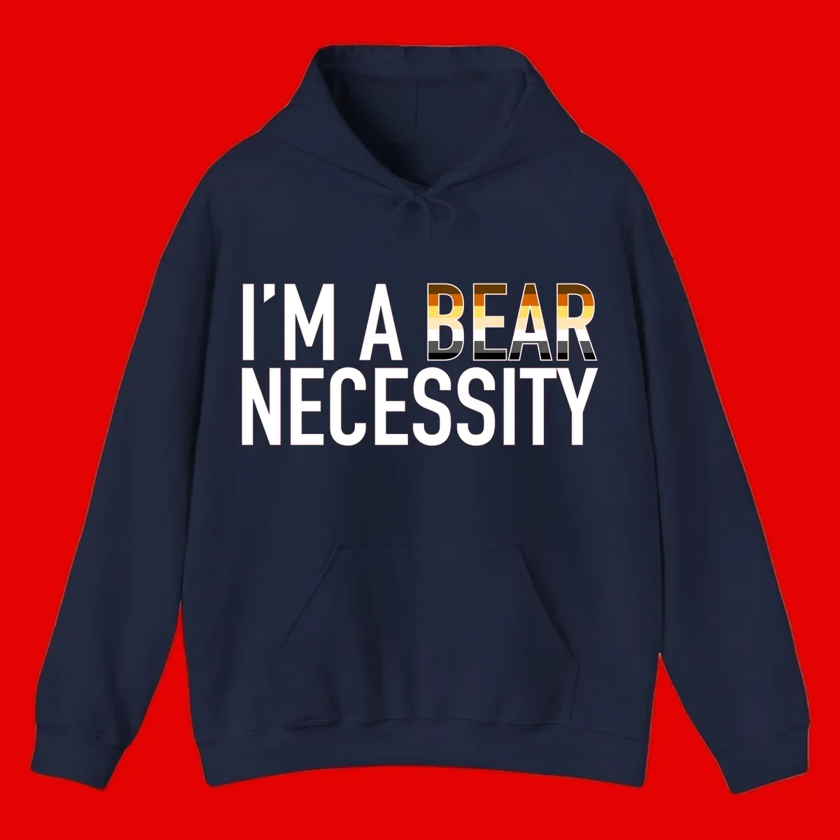 Bold 'I'm A Bear Necessity' text design with gradient bear head silhouette in earth tones and white lettering on gray background