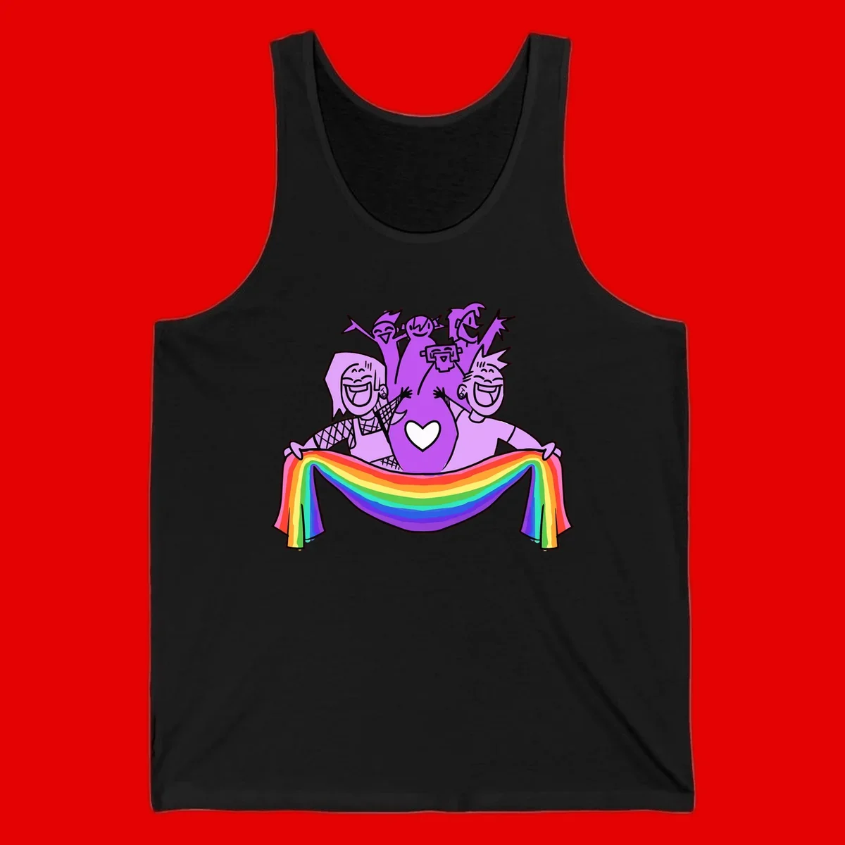 Illustration of diverse smiling people celebrating together with raised arms, holding a rainbow banner and a white heart symbol on a purple background.
