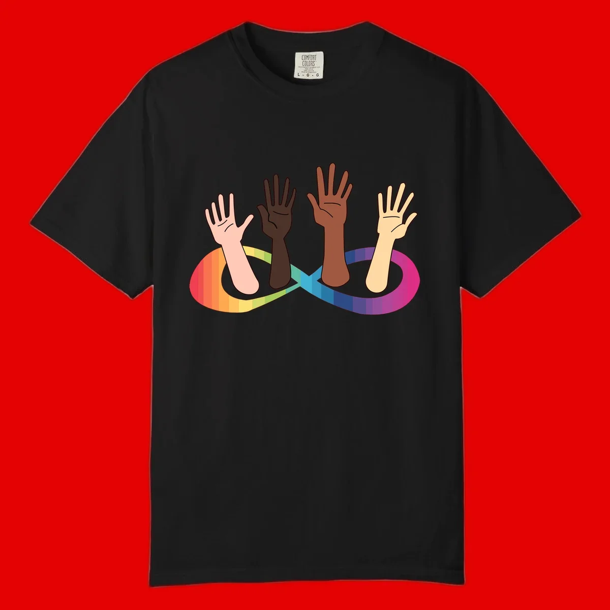 Five diverse raised hands with different skin tones emerging from a circular rainbow pride flag gradient, symbolizing unity and LGBTQ+ pride.