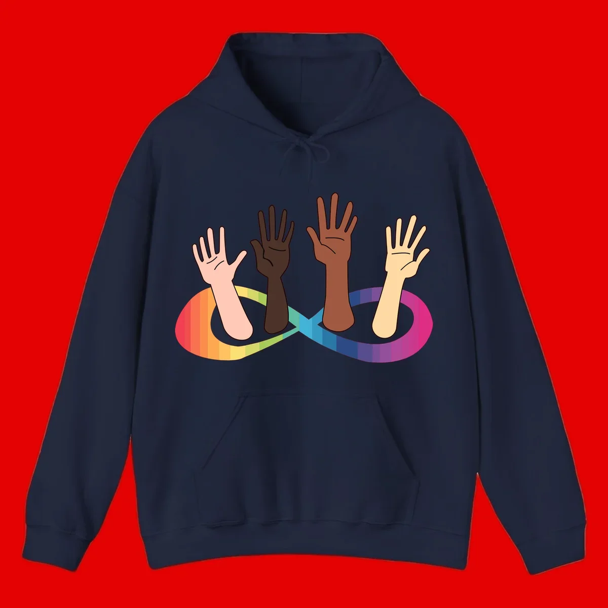 Five diverse raised hands with different skin tones emerging from a circular rainbow pride flag gradient, symbolizing unity and LGBTQ+ pride.