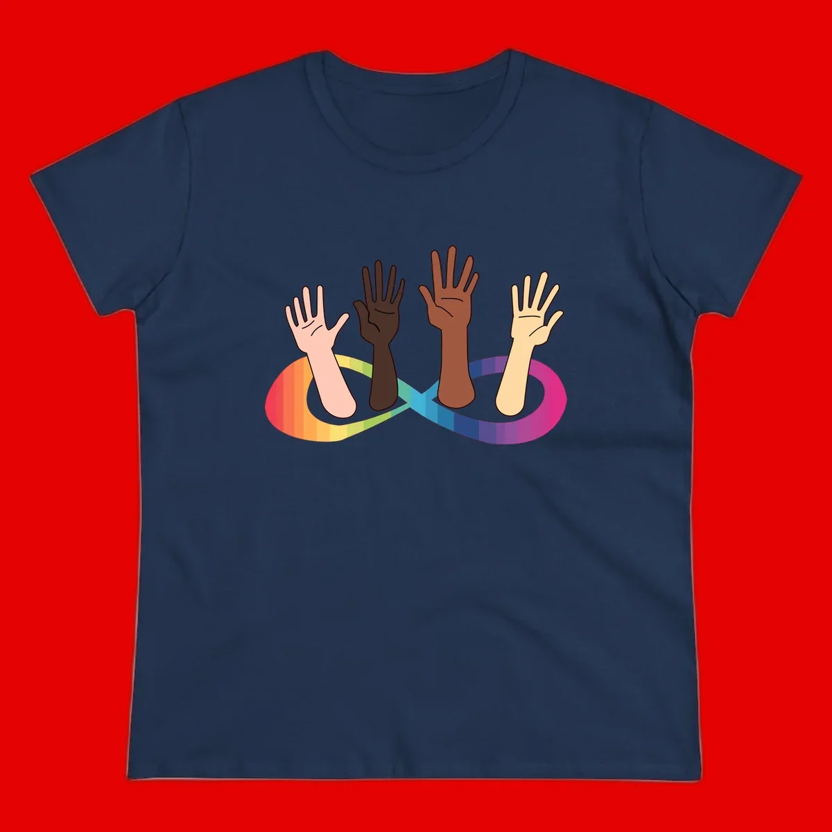 Five diverse raised hands with different skin tones emerging from a circular rainbow pride flag gradient, symbolizing unity and LGBTQ+ pride.