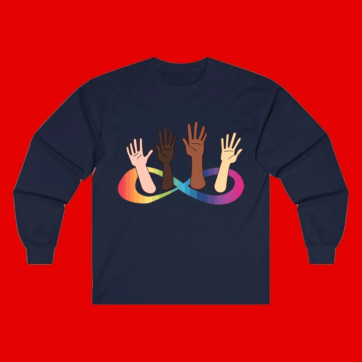 Five diverse raised hands with different skin tones emerging from a circular rainbow pride flag gradient, symbolizing unity and LGBTQ+ pride.