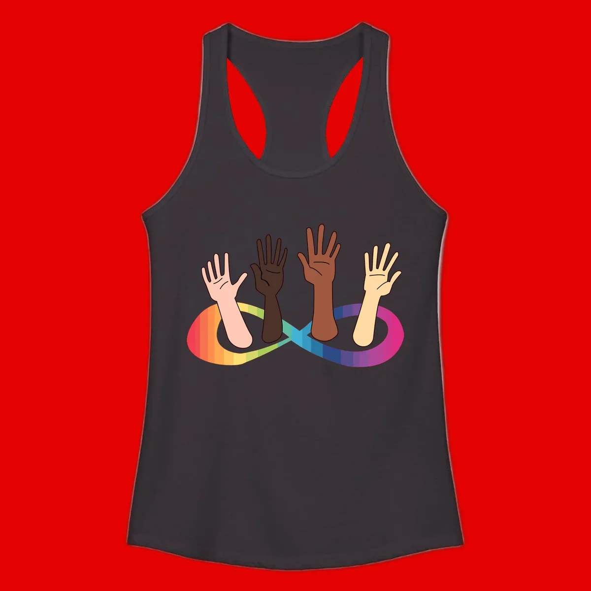 Five diverse raised hands with different skin tones emerging from a circular rainbow pride flag gradient, symbolizing unity and LGBTQ+ pride.