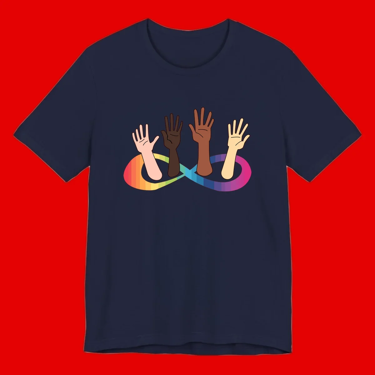 Five diverse raised hands with different skin tones emerging from a circular rainbow pride flag gradient, symbolizing unity and LGBTQ+ pride.
