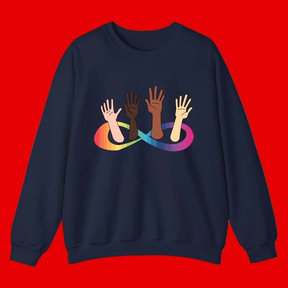 Five diverse raised hands with different skin tones emerging from a circular rainbow pride flag gradient, symbolizing unity and LGBTQ+ pride.