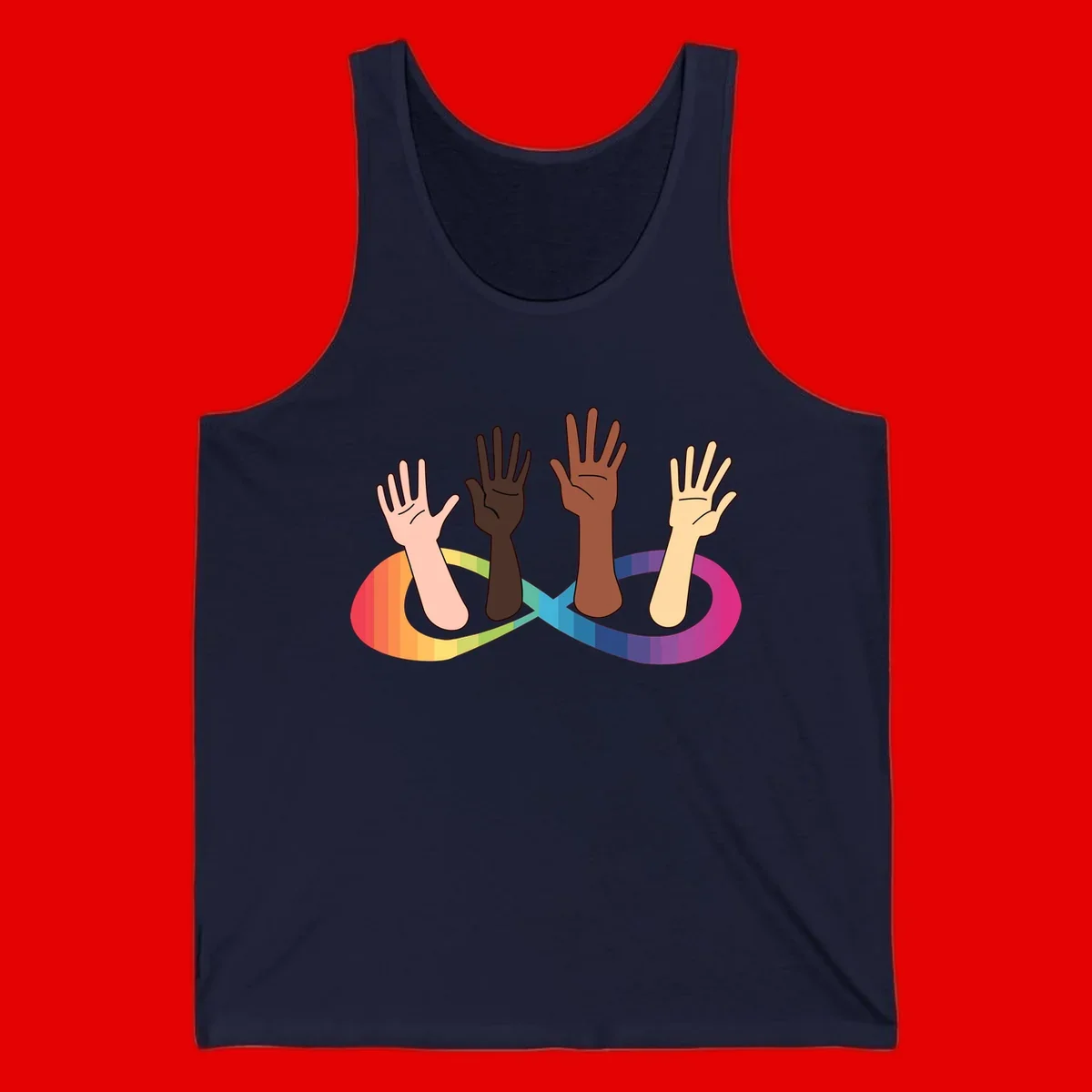 Five diverse raised hands with different skin tones emerging from a circular rainbow pride flag gradient, symbolizing unity and LGBTQ+ pride.