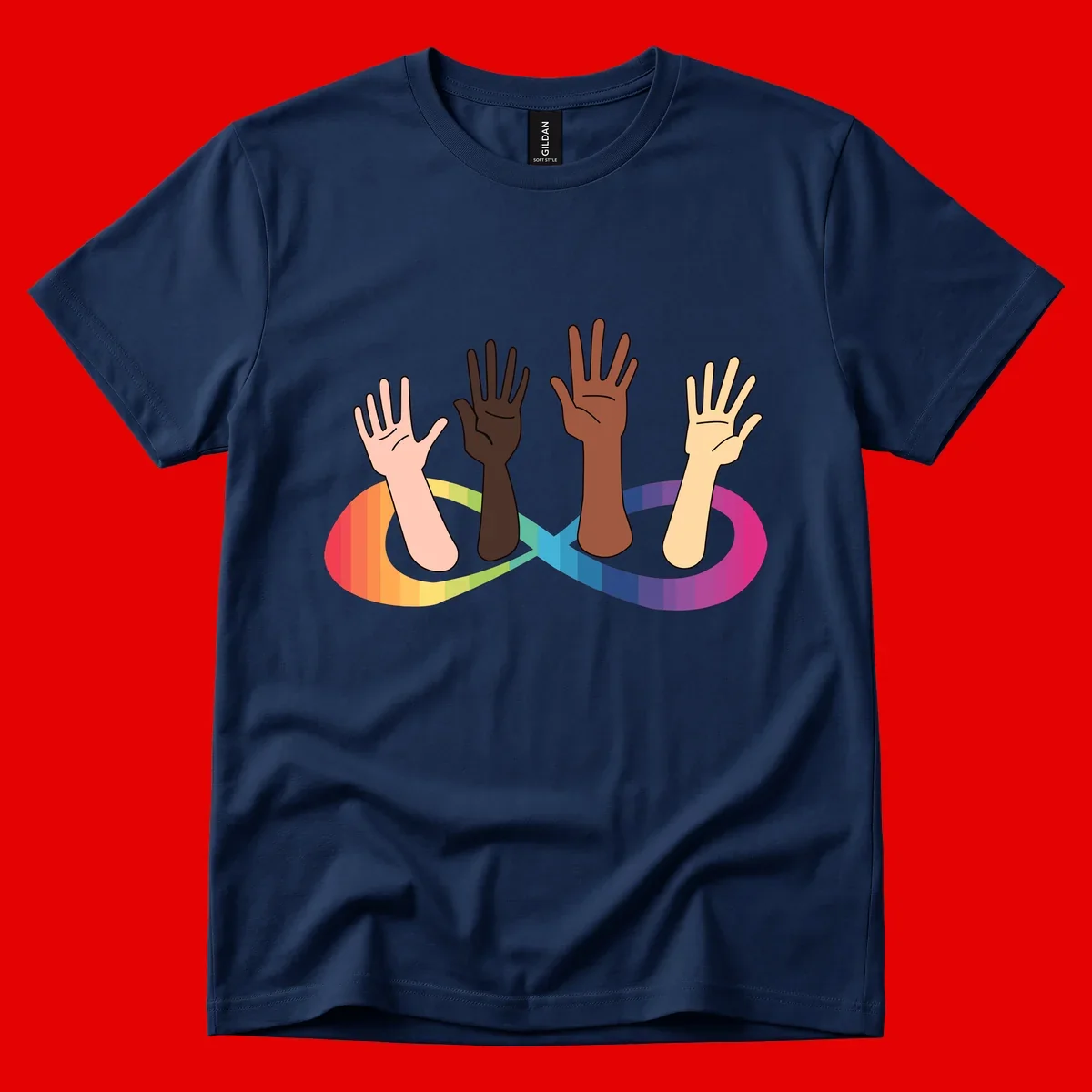 Five diverse raised hands with different skin tones emerging from a circular rainbow pride flag gradient, symbolizing unity and LGBTQ+ pride.
