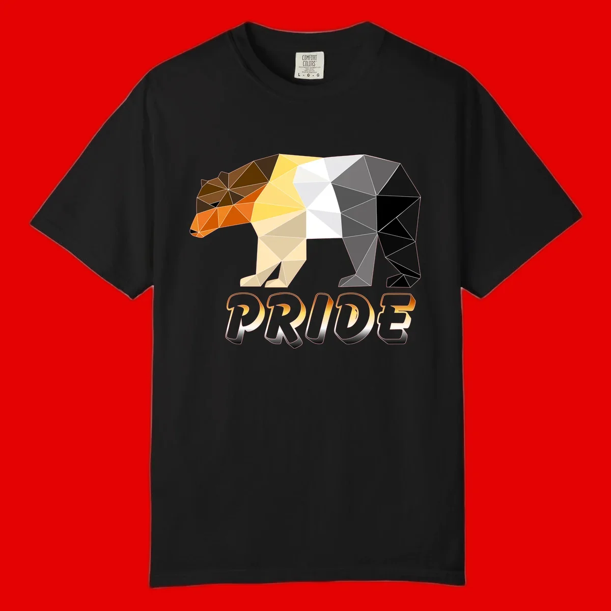 Geometric low-poly bear with triangular facets transitioning from warm brown and orange tones to cool gray and black, with PRIDE text below