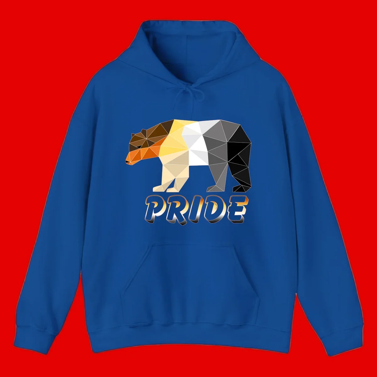 Geometric low-poly bear with triangular facets transitioning from warm brown and orange tones to cool gray and black, with PRIDE text below