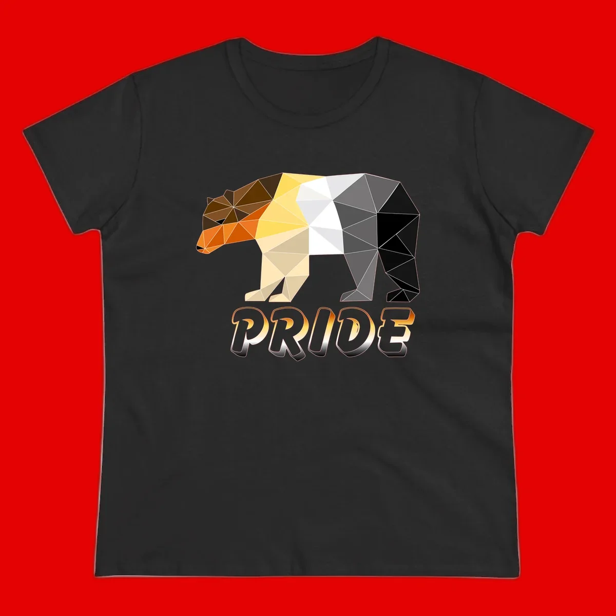 Geometric low-poly bear with triangular facets transitioning from warm brown and orange tones to cool gray and black, with PRIDE text below