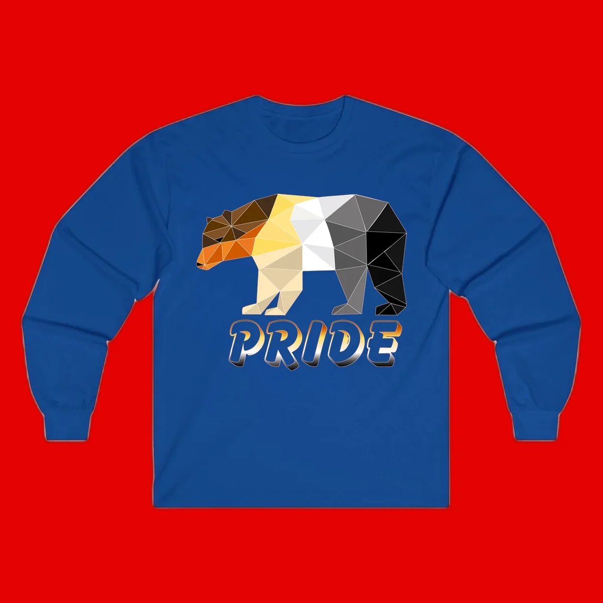 Geometric low-poly bear with triangular facets transitioning from warm brown and orange tones to cool gray and black, with PRIDE text below