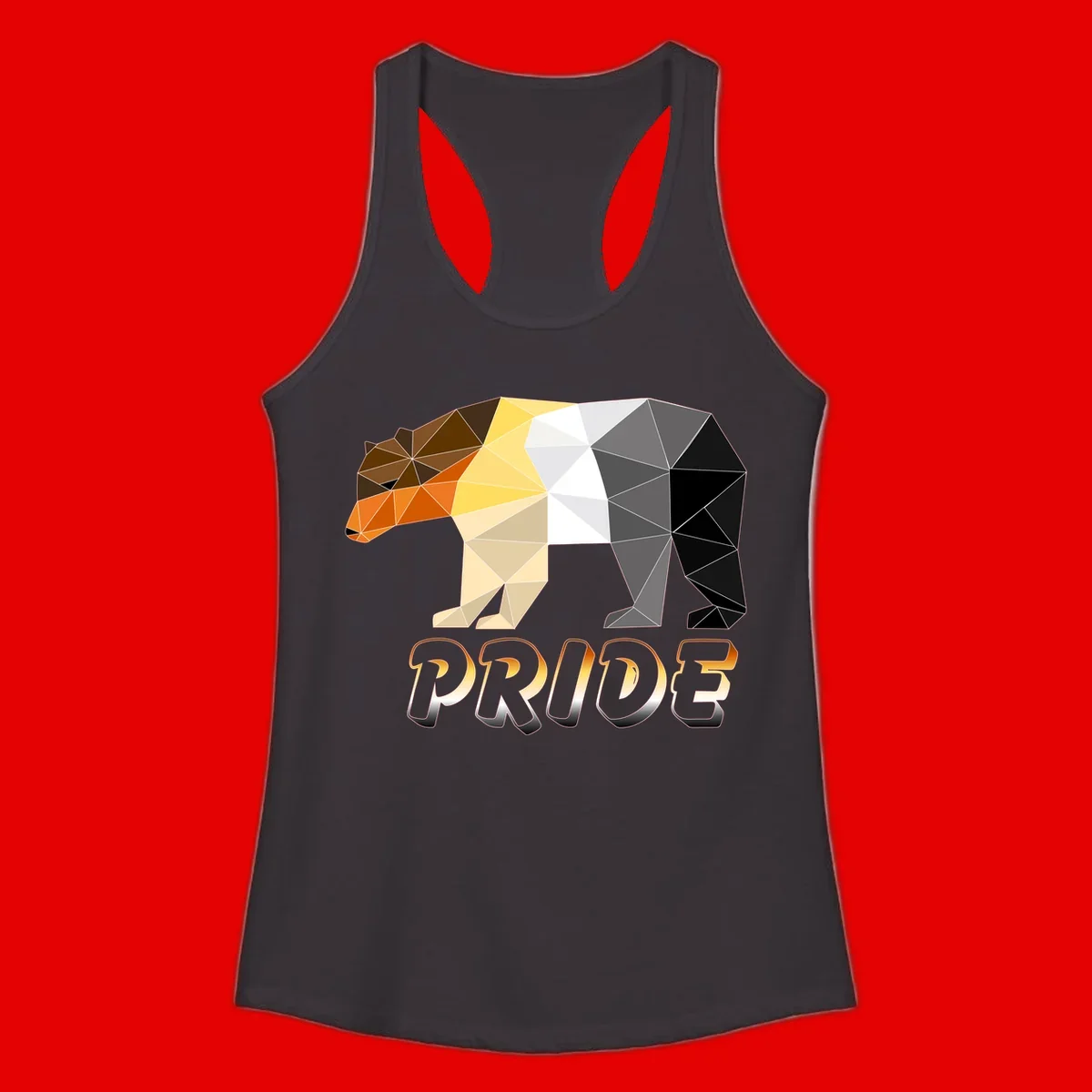Geometric low-poly bear with triangular facets transitioning from warm brown and orange tones to cool gray and black, with PRIDE text below