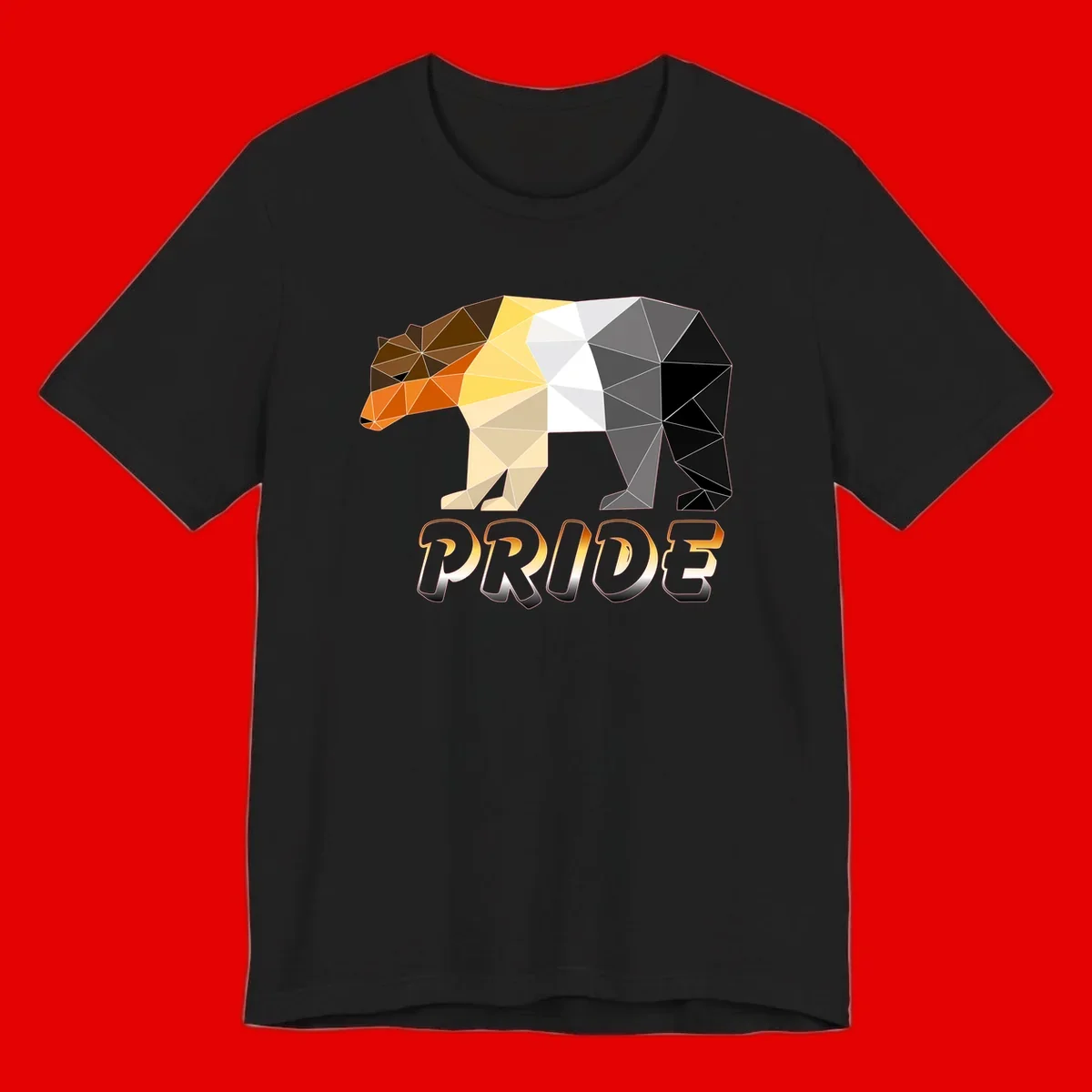 Geometric low-poly bear with triangular facets transitioning from warm brown and orange tones to cool gray and black, with PRIDE text below