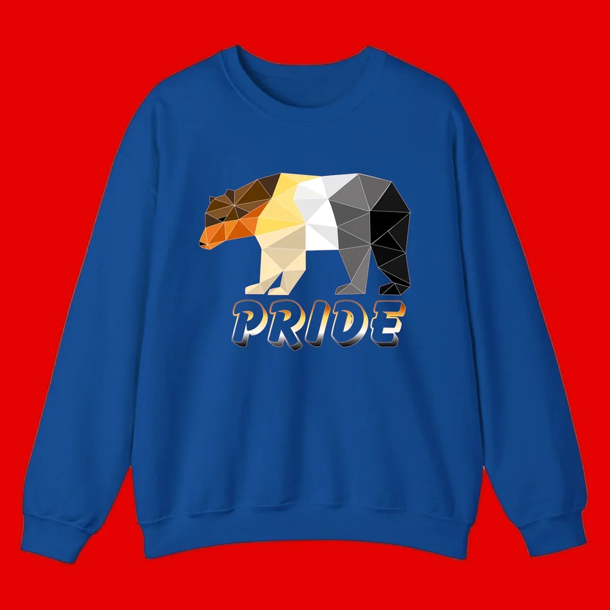Geometric low-poly bear with triangular facets transitioning from warm brown and orange tones to cool gray and black, with PRIDE text below