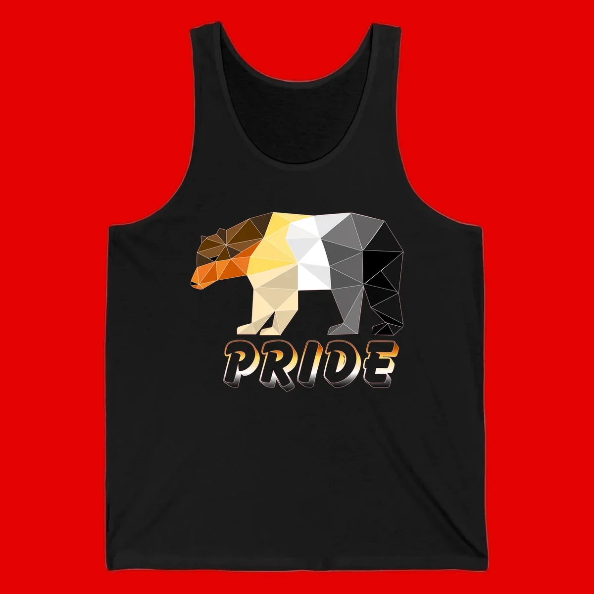 Geometric low-poly bear with triangular facets transitioning from warm brown and orange tones to cool gray and black, with PRIDE text below