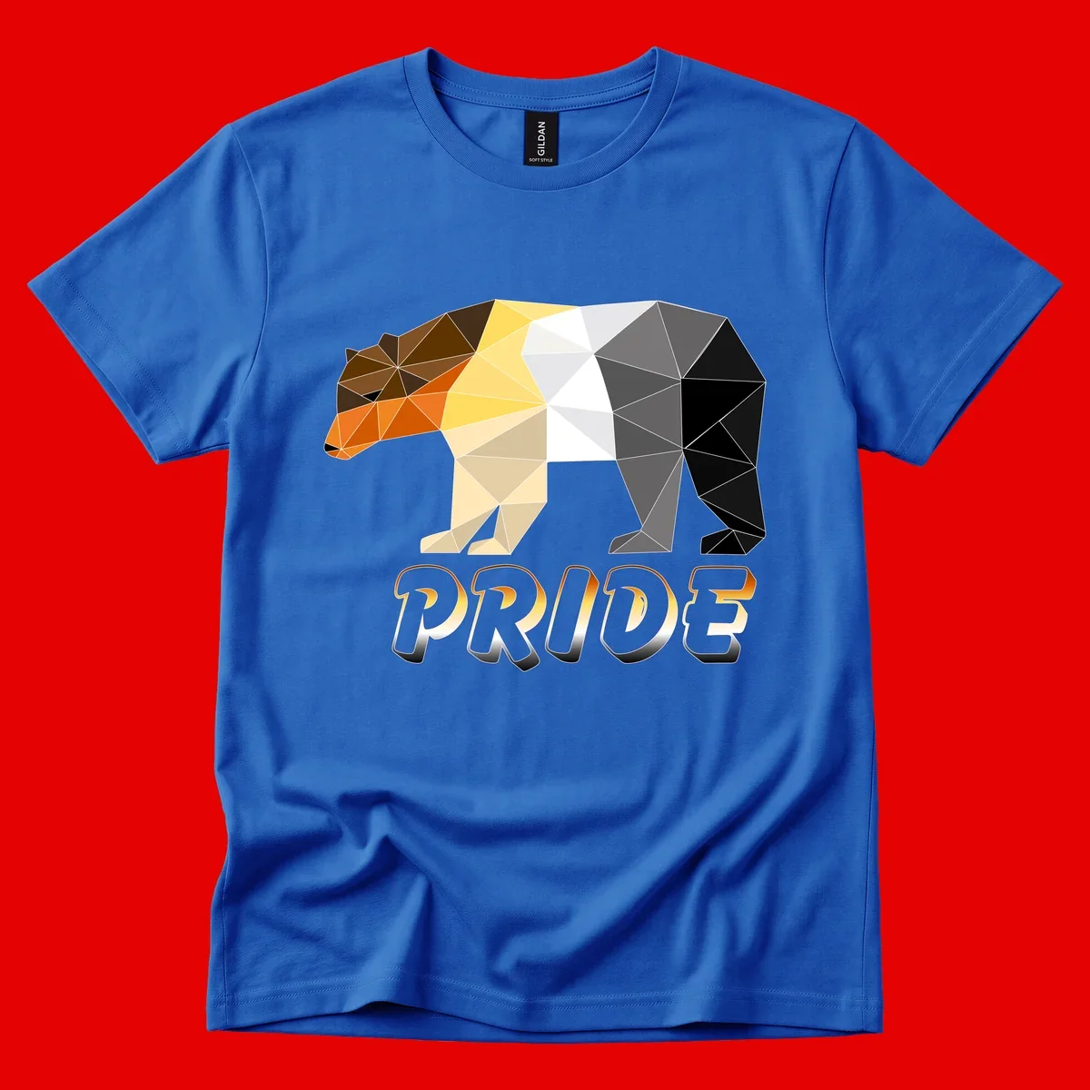 Geometric low-poly bear with triangular facets transitioning from warm brown and orange tones to cool gray and black, with PRIDE text below