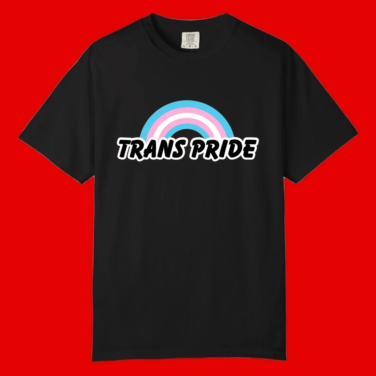 Trans pride rainbow design with cyan, pink, and white concentric arcs above black italic 'TRANS PRIDE' text with white outline on gray background