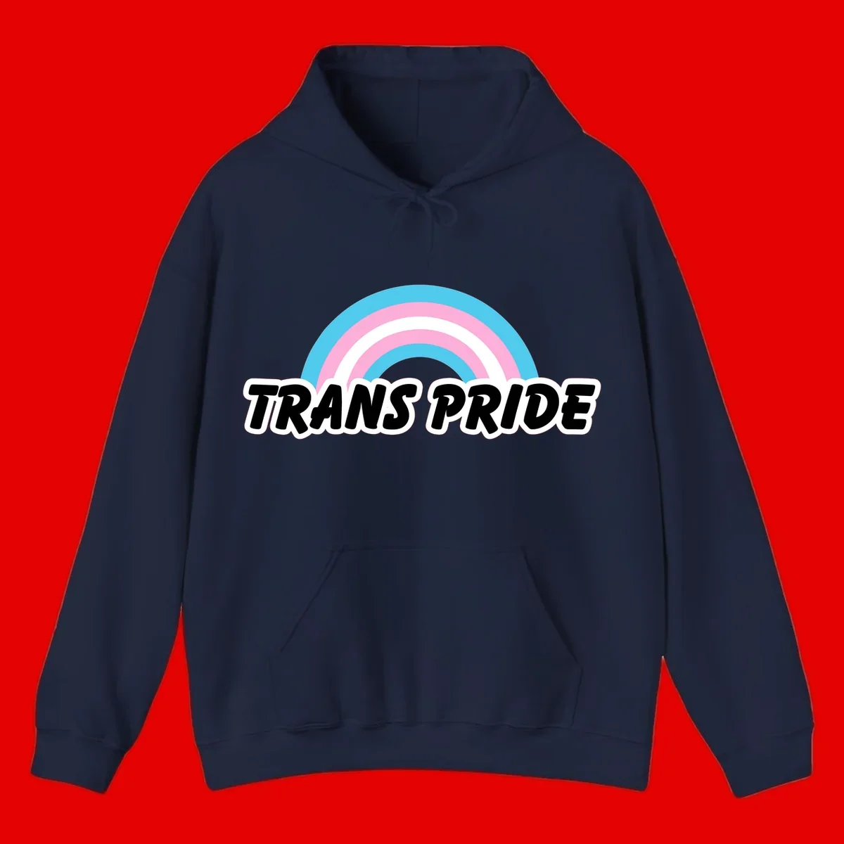 Trans pride rainbow design with cyan, pink, and white concentric arcs above black italic 'TRANS PRIDE' text with white outline on gray background