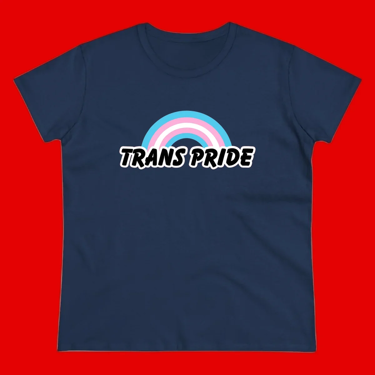 Trans pride rainbow design with cyan, pink, and white concentric arcs above black italic 'TRANS PRIDE' text with white outline on gray background