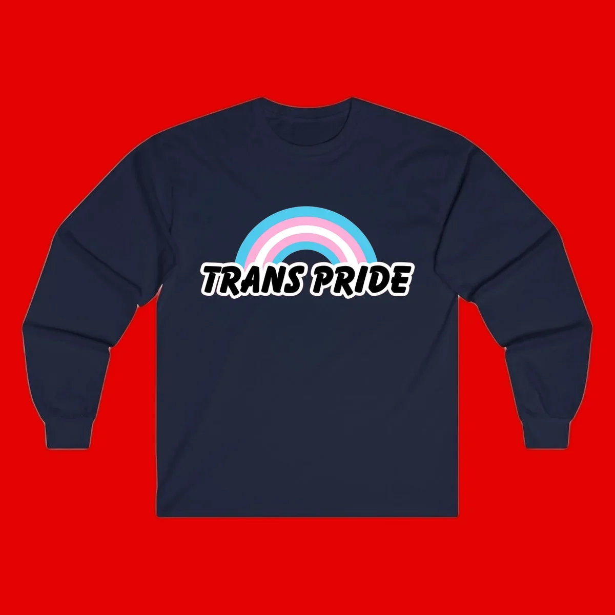 Trans pride rainbow design with cyan, pink, and white concentric arcs above black italic 'TRANS PRIDE' text with white outline on gray background