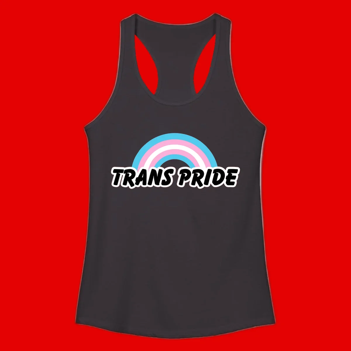 Trans pride rainbow design with cyan, pink, and white concentric arcs above black italic 'TRANS PRIDE' text with white outline on gray background