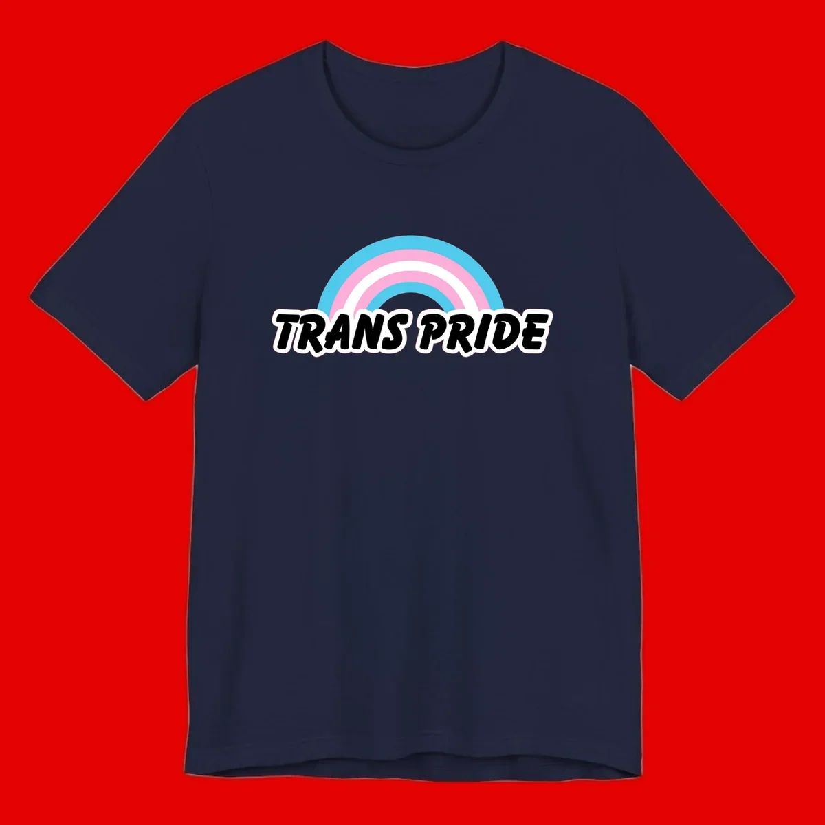 Trans pride rainbow design with cyan, pink, and white concentric arcs above black italic 'TRANS PRIDE' text with white outline on gray background