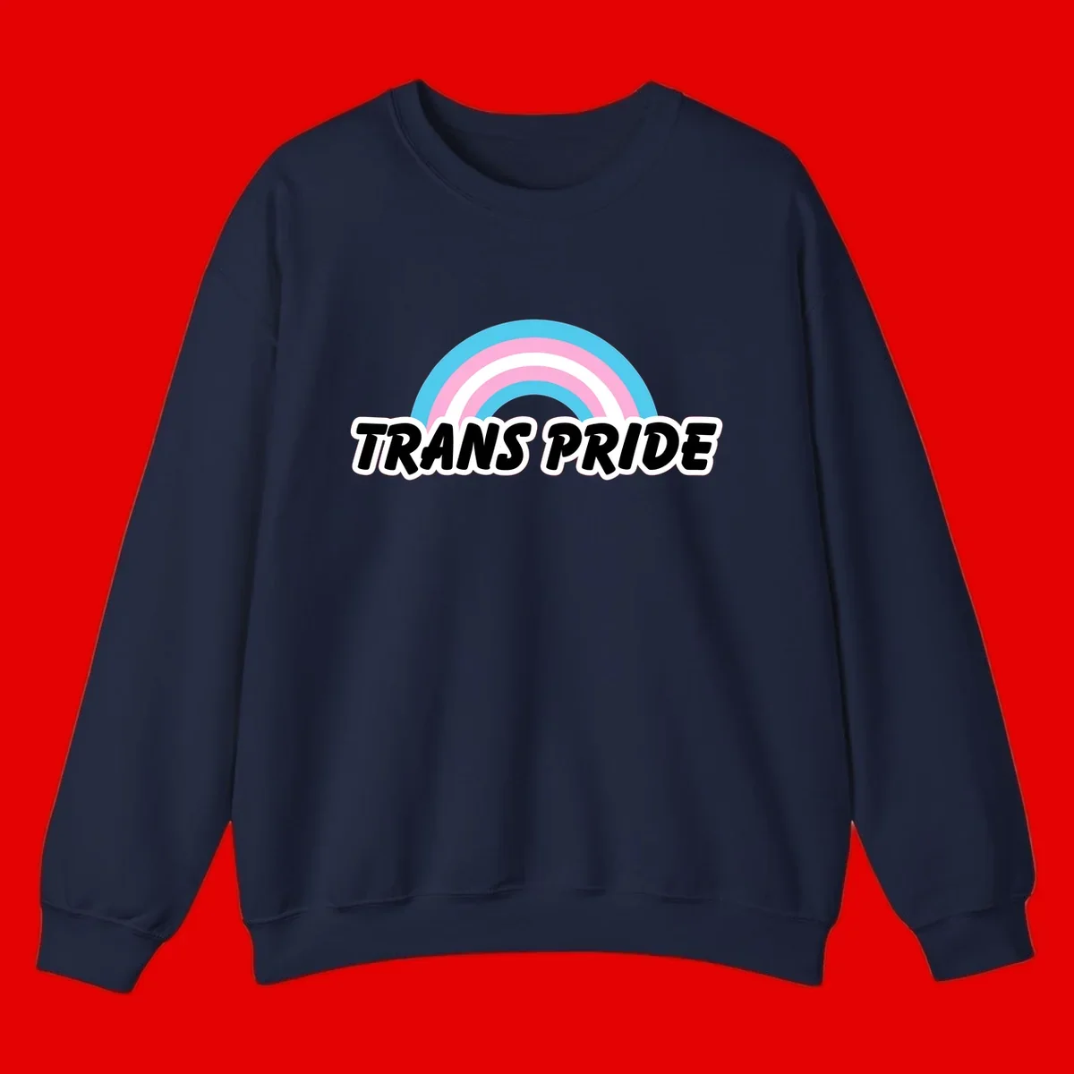 Trans pride rainbow design with cyan, pink, and white concentric arcs above black italic 'TRANS PRIDE' text with white outline on gray background