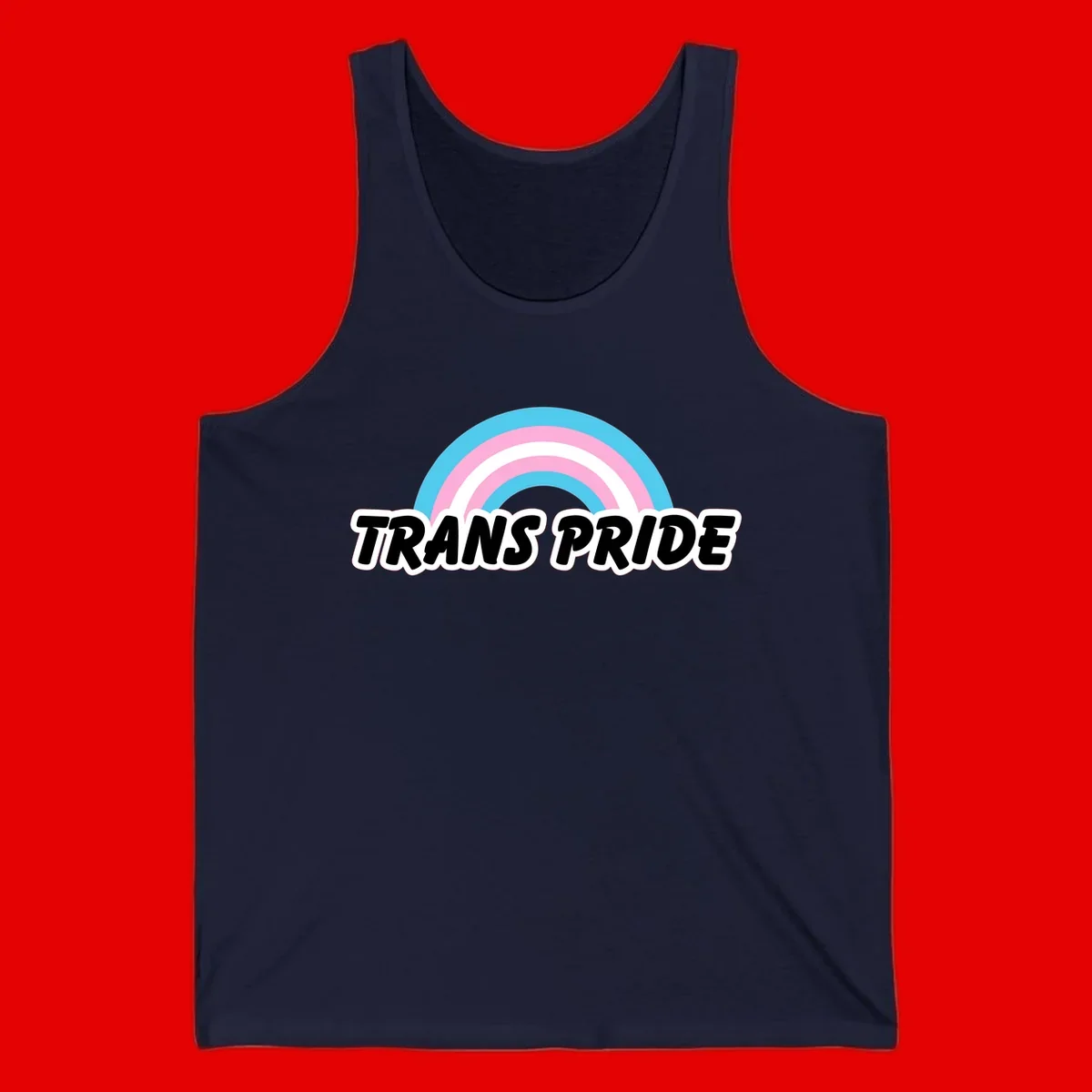Trans pride rainbow design with cyan, pink, and white concentric arcs above black italic 'TRANS PRIDE' text with white outline on gray background
