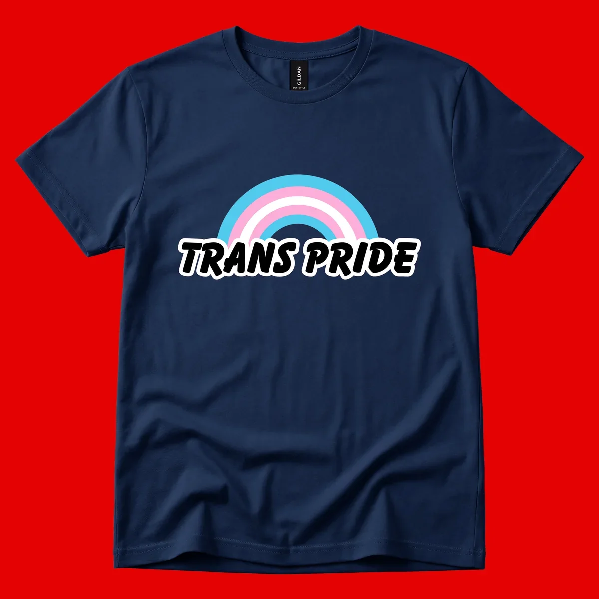 Trans pride rainbow design with cyan, pink, and white concentric arcs above black italic 'TRANS PRIDE' text with white outline on gray background