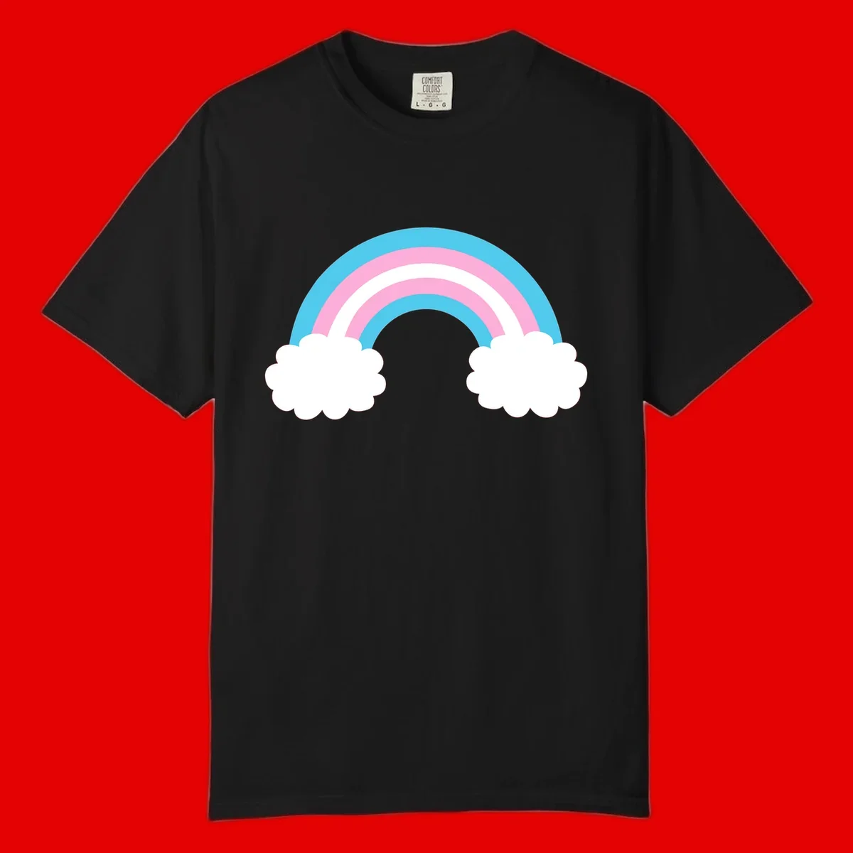 Pastel rainbow stretching between two white clouds with cyan blue and pink bands on gray background