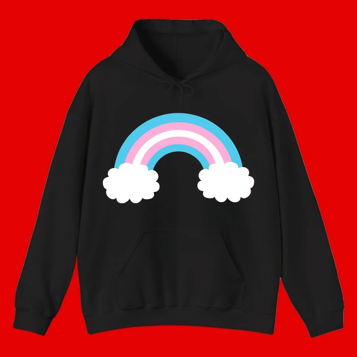 Pastel rainbow stretching between two white clouds with cyan blue and pink bands on gray background