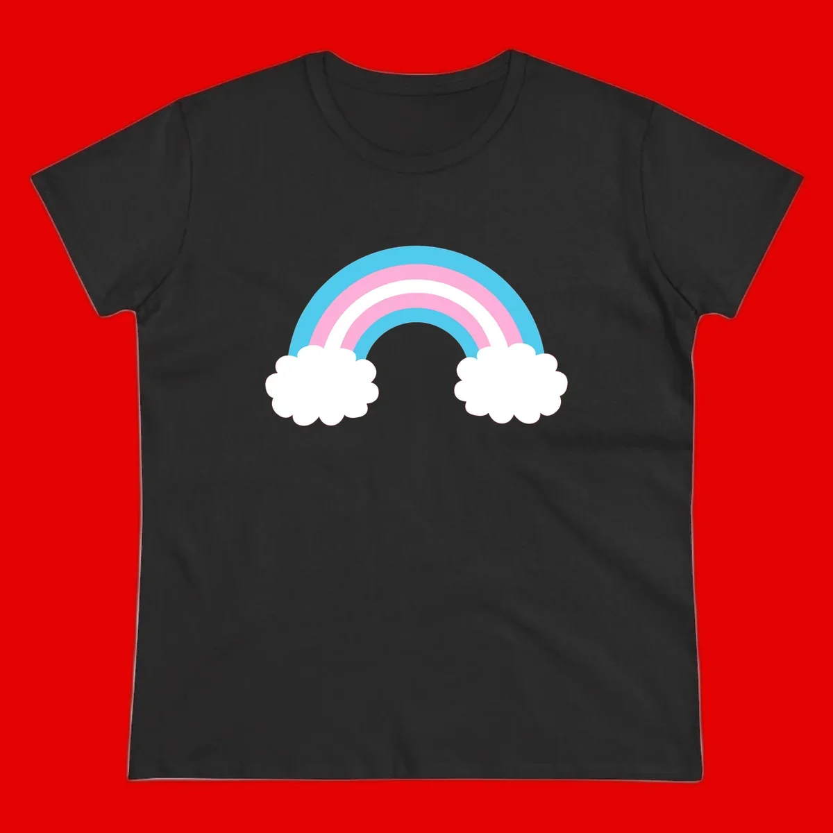Pastel rainbow stretching between two white clouds with cyan blue and pink bands on gray background