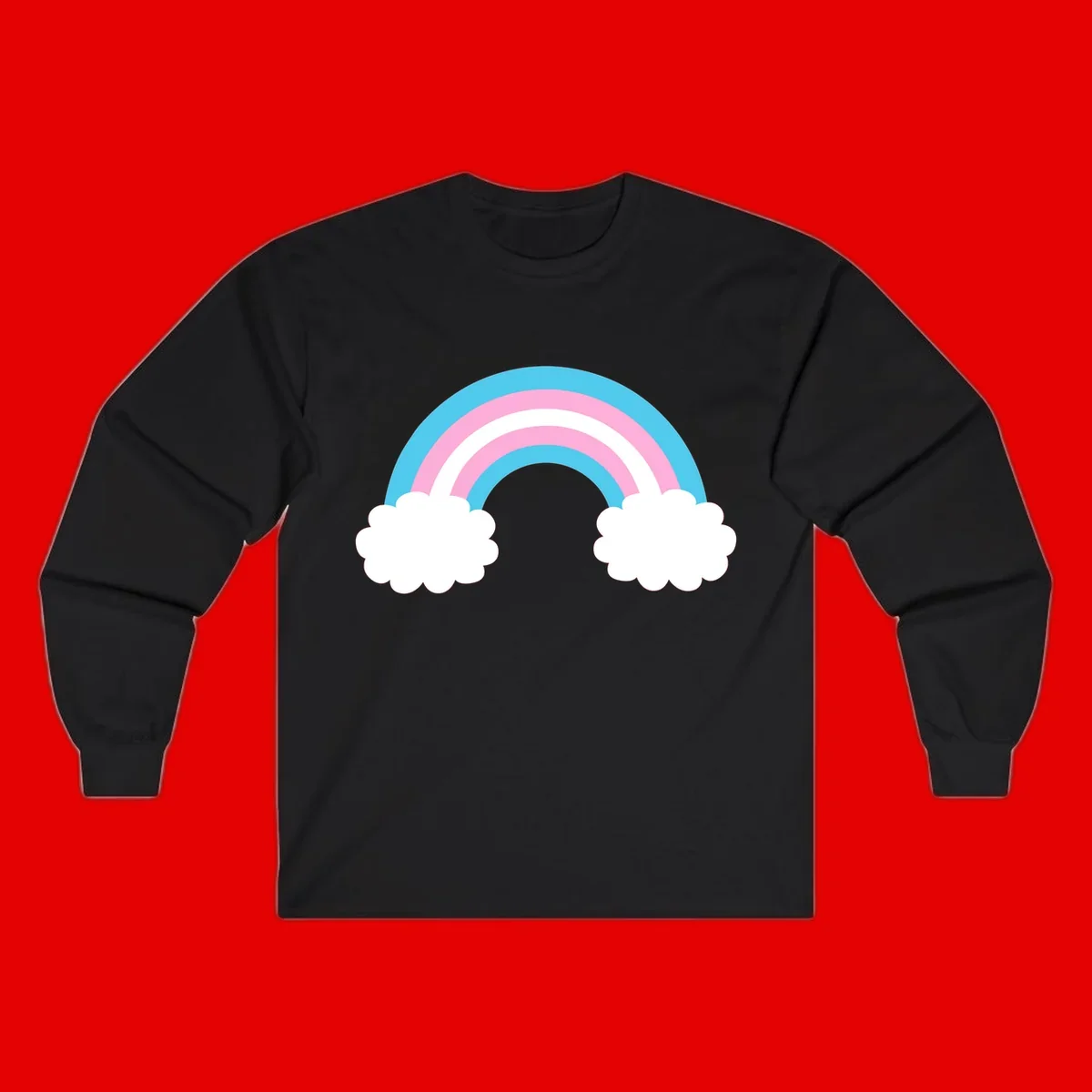 Pastel rainbow stretching between two white clouds with cyan blue and pink bands on gray background
