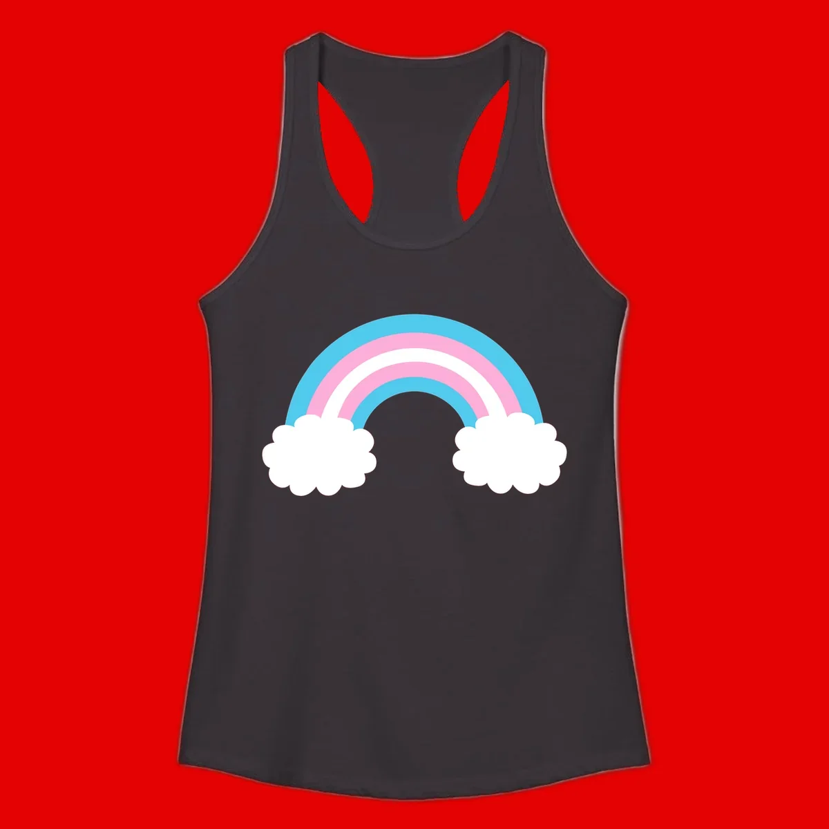 Pastel rainbow stretching between two white clouds with cyan blue and pink bands on gray background