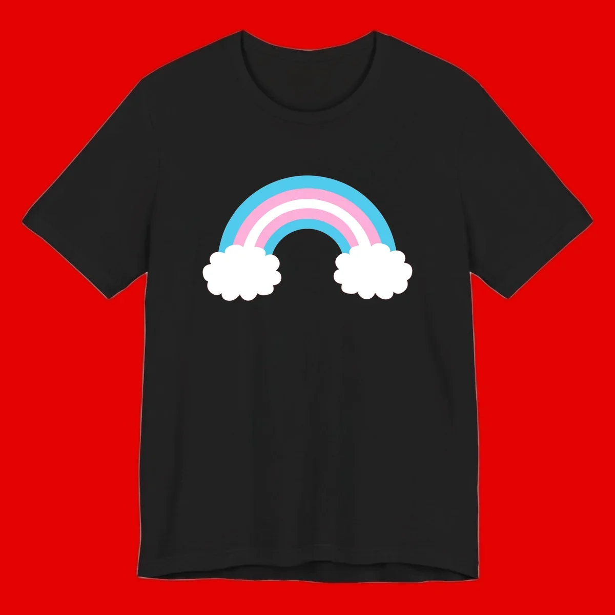 Pastel rainbow stretching between two white clouds with cyan blue and pink bands on gray background